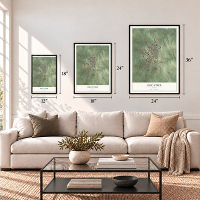 Decatur, Texas map in 12 x 18, 18 x 24 and 24 x 36 inch sizes above a sofa