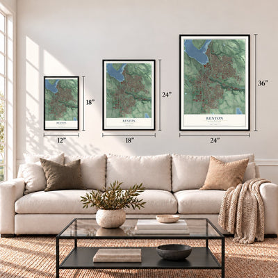 Renton, Washington map in 12 x 18, 18 x 24 and 24 x 36 inch sizes above a sofa