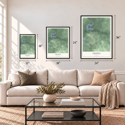 Croton, Michigan map in 12 x 18, 18 x 24 and 24 x 36 inch sizes above a sofa