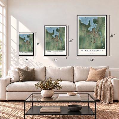 Hustisford, Wisconsin map in 12 x 18, 18 x 24 and 24 x 36 inch sizes above a sofa
