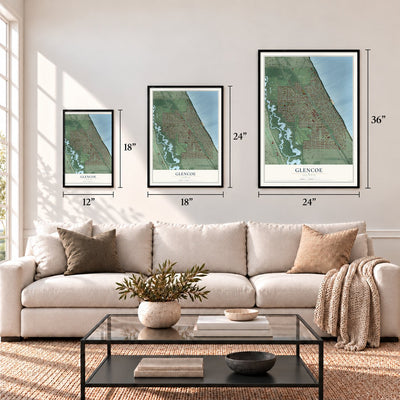 Glencoe, Illinois map in 12 x 18, 18 x 24 and 24 x 36 inch sizes above a sofa