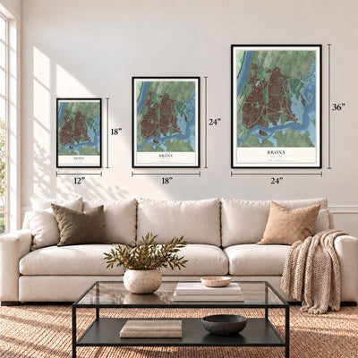Bronx, New York map in 12 x 18, 18 x 24 and 24 x 36 inch sizes above a sofa