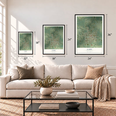 Gary, South Dakota map in 12 x 18, 18 x 24 and 24 x 36 inch sizes above a sofa