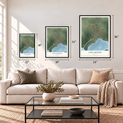 Lake Arthur, Louisiana map in 12 x 18, 18 x 24 and 24 x 36 inch sizes above a sofa