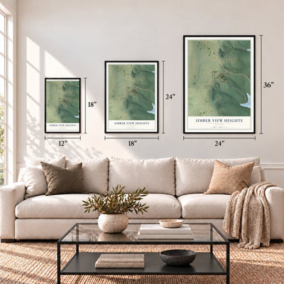 Umber View Heights, Missouri map in 12 x 18, 18 x 24 and 24 x 36 inch sizes above a sofa