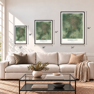 Norris City, Illinois map in 12 x 18, 18 x 24 and 24 x 36 inch sizes above a sofa