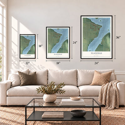 Plainfield, Ohio map in 12 x 18, 18 x 24 and 24 x 36 inch sizes above a sofa