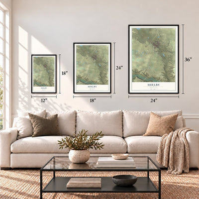 Shelby, Montana map in 12 x 18, 18 x 24 and 24 x 36 inch sizes above a sofa