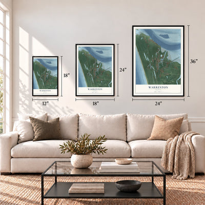 Warrenton, Oregon map in 12 x 18, 18 x 24 and 24 x 36 inch sizes above a sofa