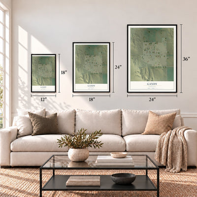 Gandy, Nebraska map in 12 x 18, 18 x 24 and 24 x 36 inch sizes above a sofa