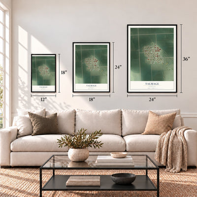 Talmage, Nebraska map in 12 x 18, 18 x 24 and 24 x 36 inch sizes above a sofa