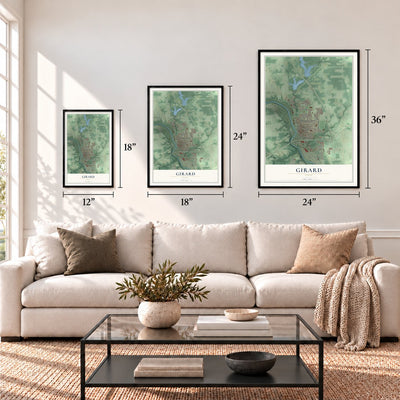 Girard, Ohio map in 12 x 18, 18 x 24 and 24 x 36 inch sizes above a sofa