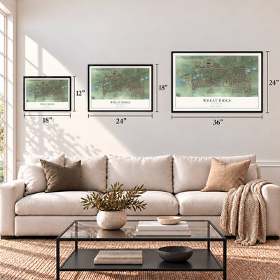 Wheat Ridge, Colorado map in 12 x 18, 18 x 24 and 24 x 36 inch sizes above a sofa