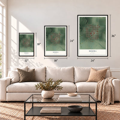 Medora, Indiana map in 12 x 18, 18 x 24 and 24 x 36 inch sizes above a sofa