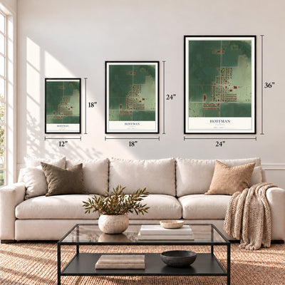 Hoffman, Illinois map in 12 x 18, 18 x 24 and 24 x 36 inch sizes above a sofa