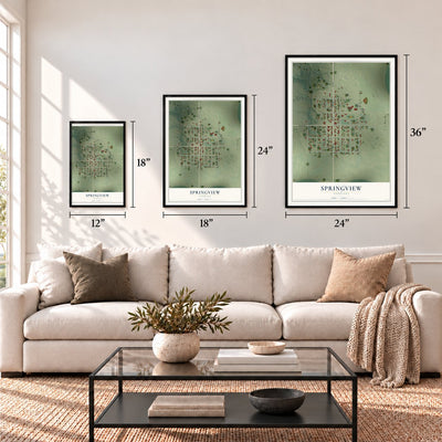 Springview, Nebraska map in 12 x 18, 18 x 24 and 24 x 36 inch sizes above a sofa