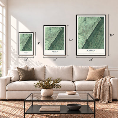 Walden, Tennessee map in 12 x 18, 18 x 24 and 24 x 36 inch sizes above a sofa