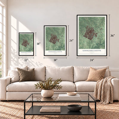 Lexington-Fayette, Kentucky map in 12 x 18, 18 x 24 and 24 x 36 inch sizes above a sofa