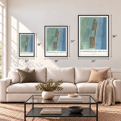 Lauderdale-by-the-Sea, Florida map in 12 x 18, 18 x 24 and 24 x 36 inch sizes above a sofa