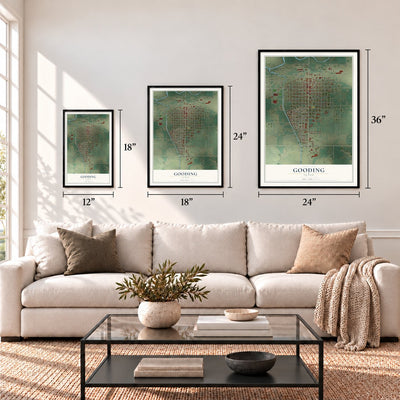 Gooding, Idaho map in 12 x 18, 18 x 24 and 24 x 36 inch sizes above a sofa