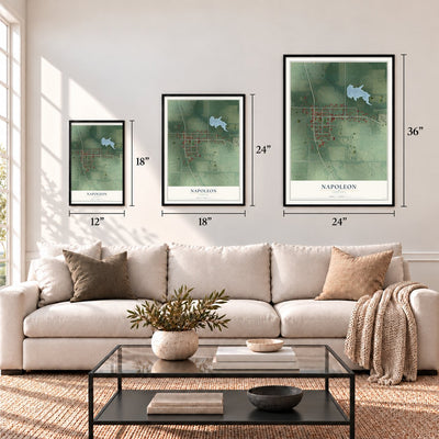 Napoleon, Indiana map in 12 x 18, 18 x 24 and 24 x 36 inch sizes above a sofa