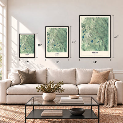 Ashby, Massachusetts map in 12 x 18, 18 x 24 and 24 x 36 inch sizes above a sofa