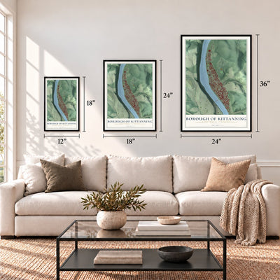 Borough of Kittanning, Armstrong County, Pennsylvania map in 12 x 18, 18 x 24 and 24 x 36 inch sizes above a sofa