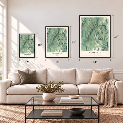 Marshfield, Vermont map in 12 x 18, 18 x 24 and 24 x 36 inch sizes above a sofa