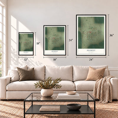 Delmont, South Dakota map in 12 x 18, 18 x 24 and 24 x 36 inch sizes above a sofa