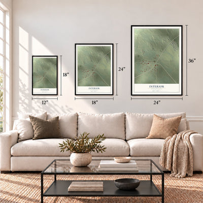 Interior, South Dakota map in 12 x 18, 18 x 24 and 24 x 36 inch sizes above a sofa