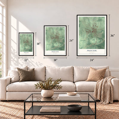 Proctor, Minnesota map in 12 x 18, 18 x 24 and 24 x 36 inch sizes above a sofa