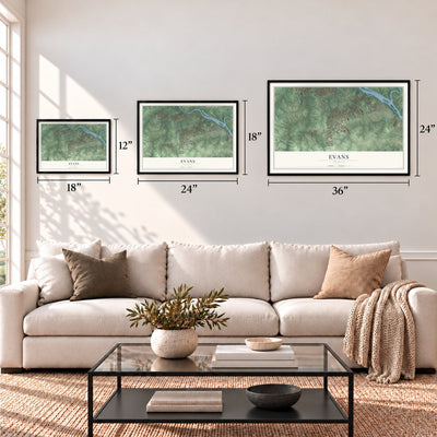Evans, Georgia map in 12 x 18, 18 x 24 and 24 x 36 inch sizes above a sofa