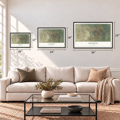 Los Lunas, New Mexico map in 12 x 18, 18 x 24 and 24 x 36 inch sizes above a sofa