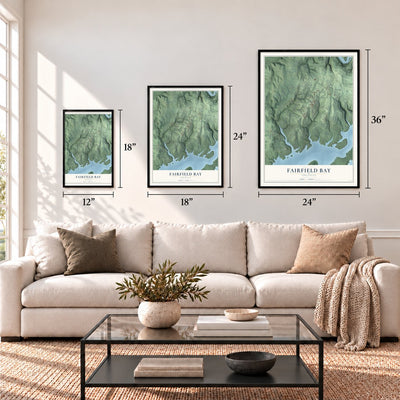 Fairfield Bay, Arkansas map in 12 x 18, 18 x 24 and 24 x 36 inch sizes above a sofa