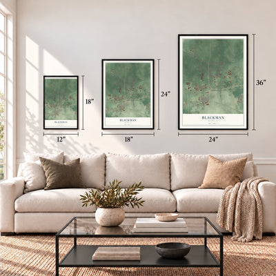 Blackman, Michigan map in 12 x 18, 18 x 24 and 24 x 36 inch sizes above a sofa