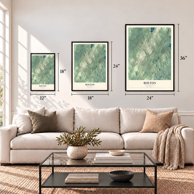 Bolton, Massachusetts map in 12 x 18, 18 x 24 and 24 x 36 inch sizes above a sofa