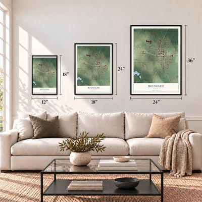 Reynolds, Georgia map in 12 x 18, 18 x 24 and 24 x 36 inch sizes above a sofa