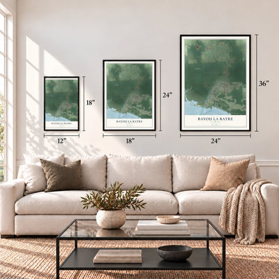 Bayou La Batre, Alabama map in 12 x 18, 18 x 24 and 24 x 36 inch sizes above a sofa