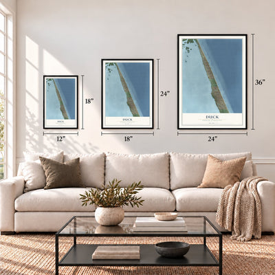 Duck, North Carolina map in 12 x 18, 18 x 24 and 24 x 36 inch sizes above a sofa