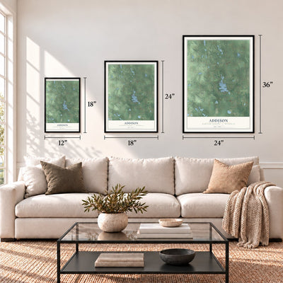 Addison, Oakland County, Michigan map in 12 x 18, 18 x 24 and 24 x 36 inch sizes above a sofa
