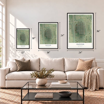 Frontier, North Dakota map in 12 x 18, 18 x 24 and 24 x 36 inch sizes above a sofa