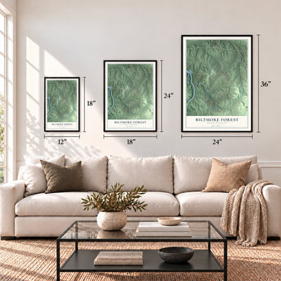 Biltmore Forest, North Carolina map in 12 x 18, 18 x 24 and 24 x 36 inch sizes above a sofa