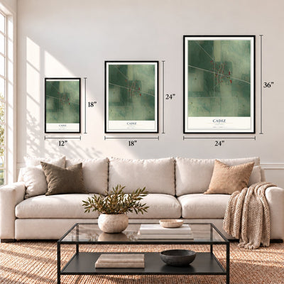 Cadiz, Indiana map in 12 x 18, 18 x 24 and 24 x 36 inch sizes above a sofa