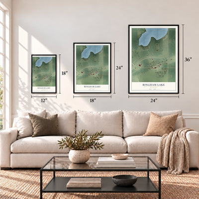 Bingham Lake, Minnesota map in 12 x 18, 18 x 24 and 24 x 36 inch sizes above a sofa
