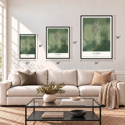 La Rose, Illinois map in 12 x 18, 18 x 24 and 24 x 36 inch sizes above a sofa