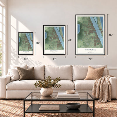 Melbourne, Florida map in 12 x 18, 18 x 24 and 24 x 36 inch sizes above a sofa