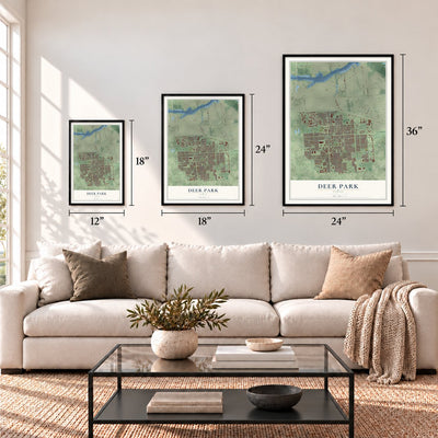 Deer Park, Texas map in 12 x 18, 18 x 24 and 24 x 36 inch sizes above a sofa