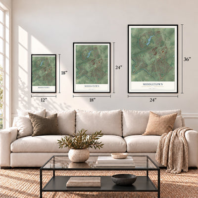 Middletown, Bucks County, Pennsylvania map in 12 x 18, 18 x 24 and 24 x 36 inch sizes above a sofa