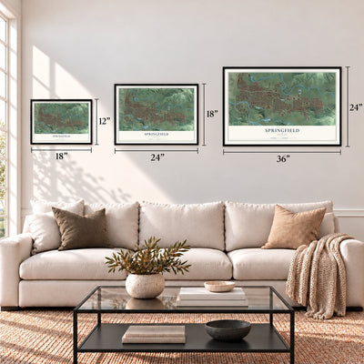 Springfield, Oregon map in 12 x 18, 18 x 24 and 24 x 36 inch sizes above a sofa