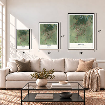 Sidney, Illinois map in 12 x 18, 18 x 24 and 24 x 36 inch sizes above a sofa